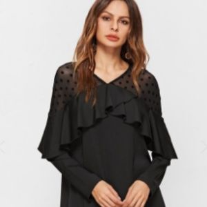 Polka Dot Mesh Neck Ruffle Trim A Line Dress